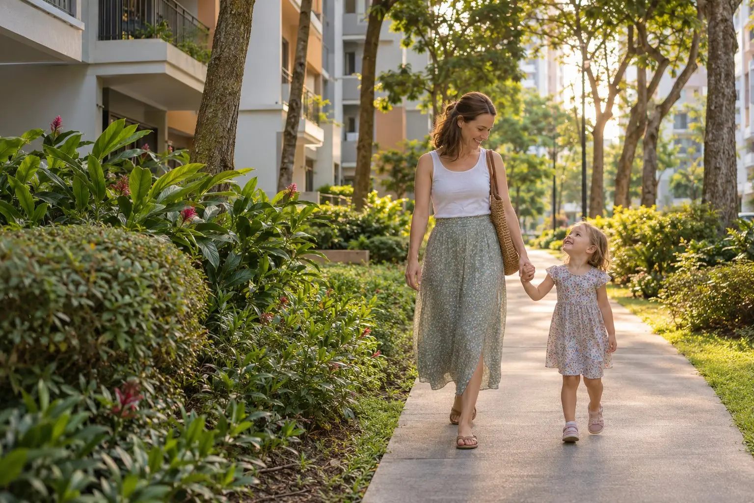 A woman and her child walking past residential apartment blocks lined with greenery