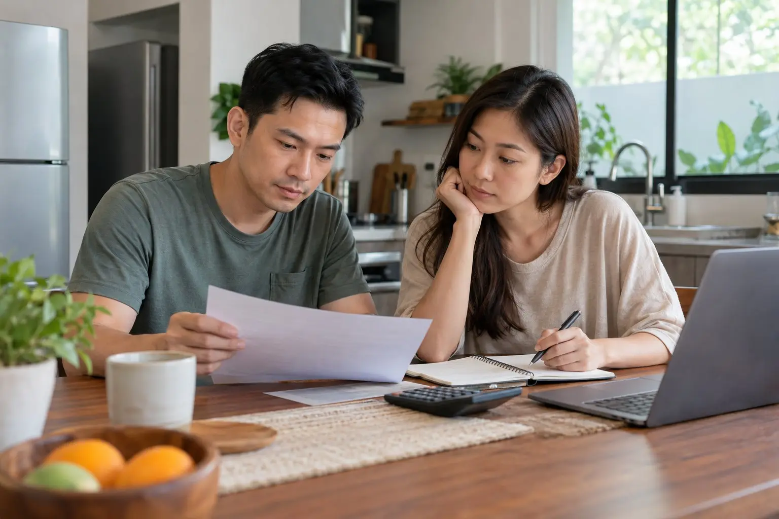 A young couple reviewing a payslip and household budget together at a kitchen table at home