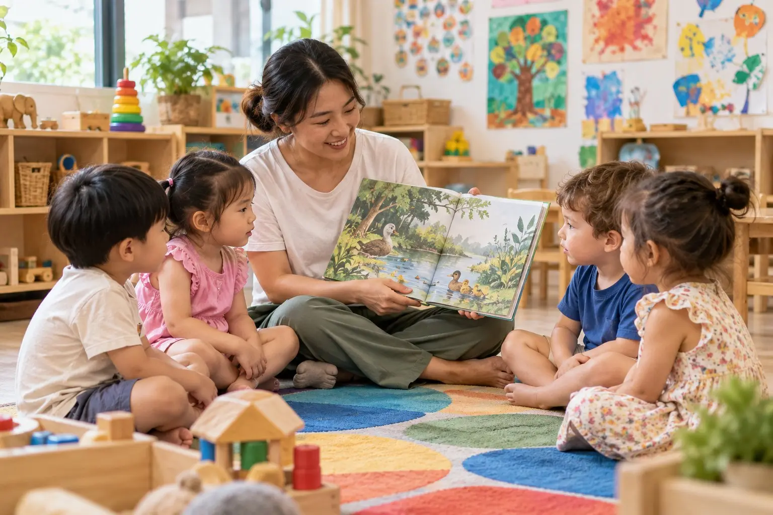 A preschool teacher reading a picture book to a small group of toddlers seated on a mat in a bright childcare classroom