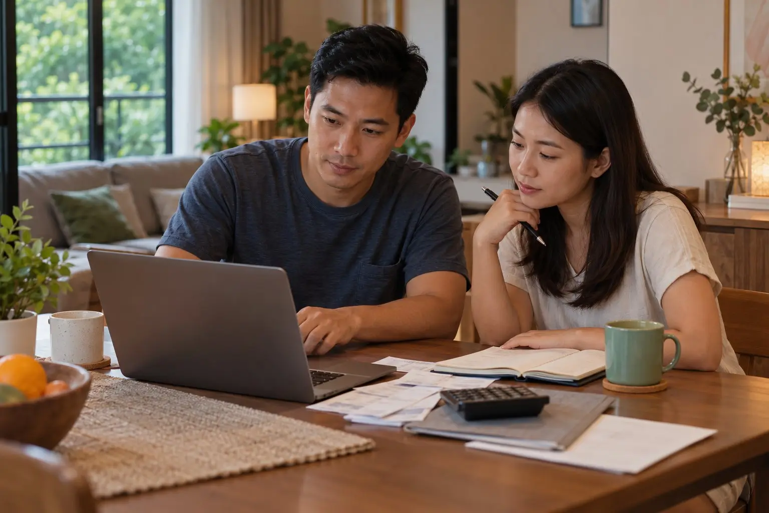 A couple reviewing household finances together at a dining table at home