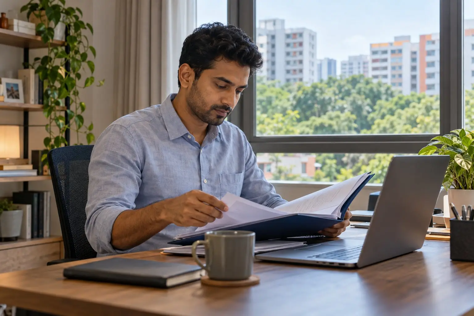 A professional reviewing work-pass paperwork at a sunny desk with a laptop