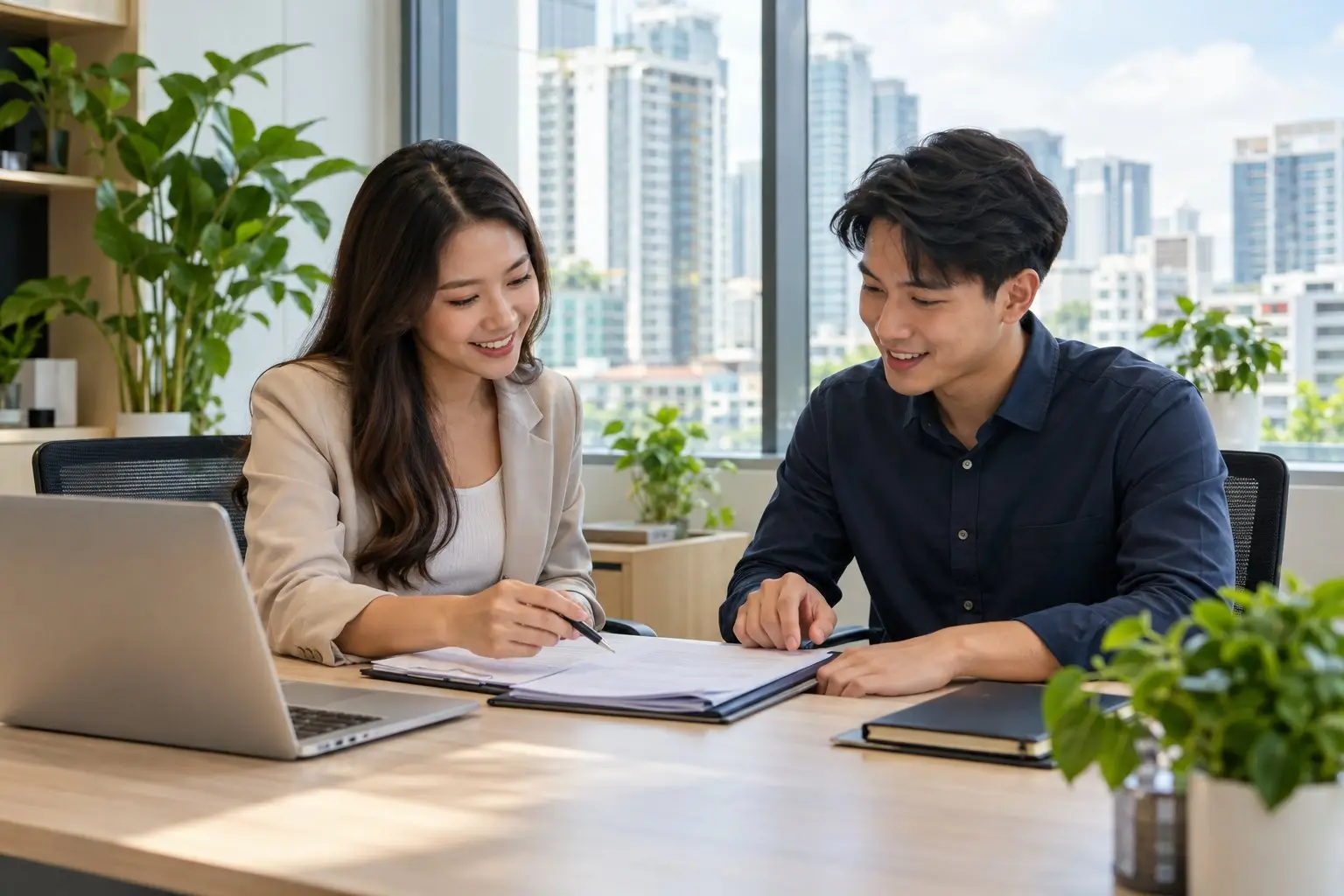 A new hire and an HR colleague going through onboarding paperwork at an office desk with a laptop