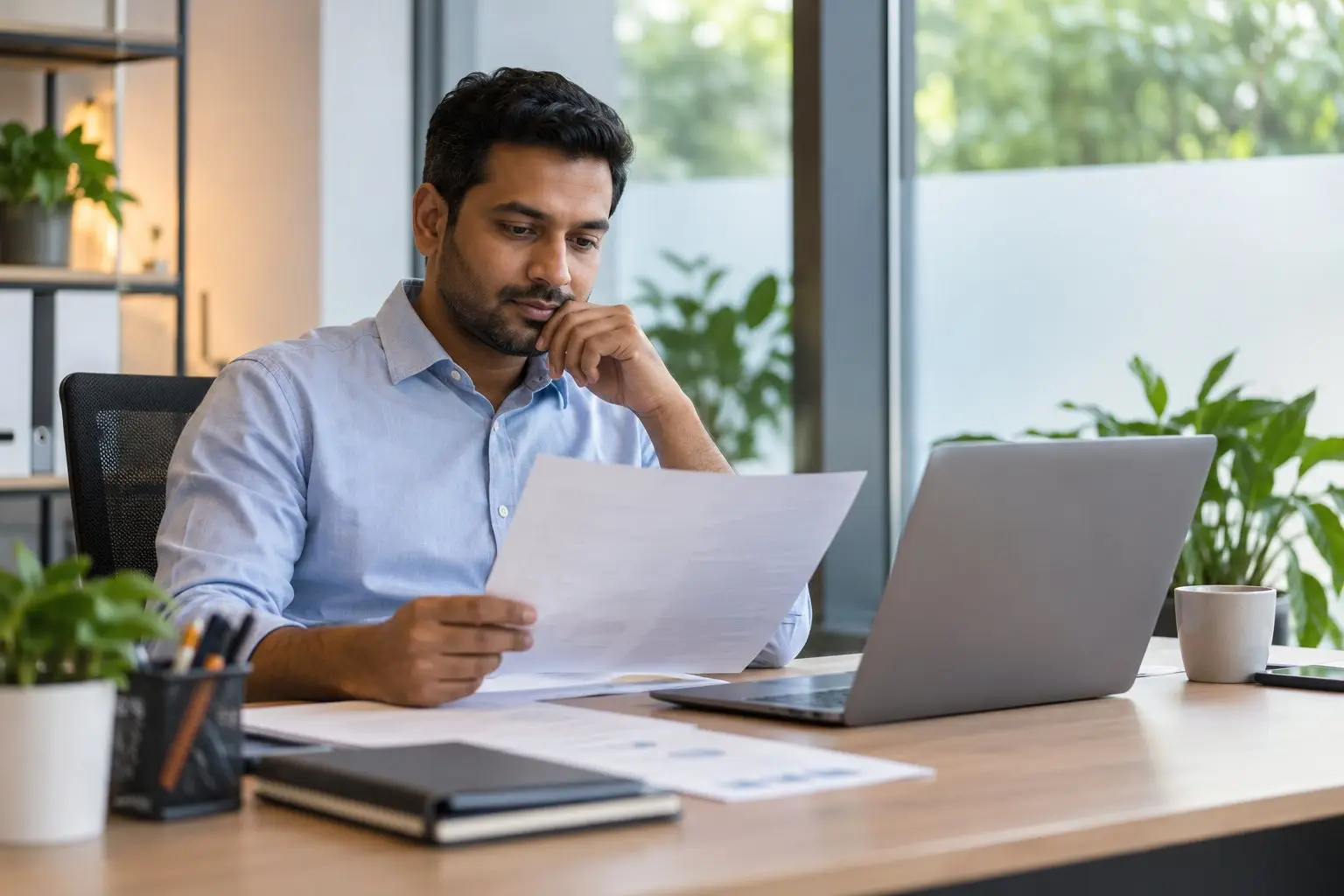 A professional reviewing work documents on a laptop at a tidy office desk