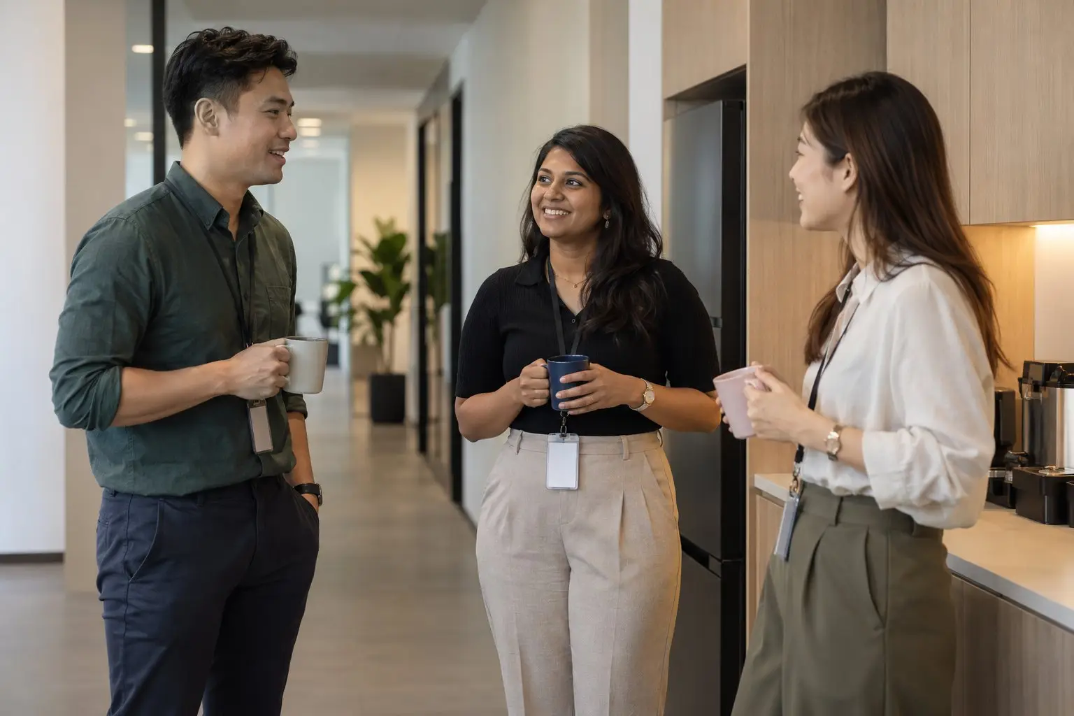 Three colleagues of different backgrounds talking in an ordinary Singapore workplace corridor