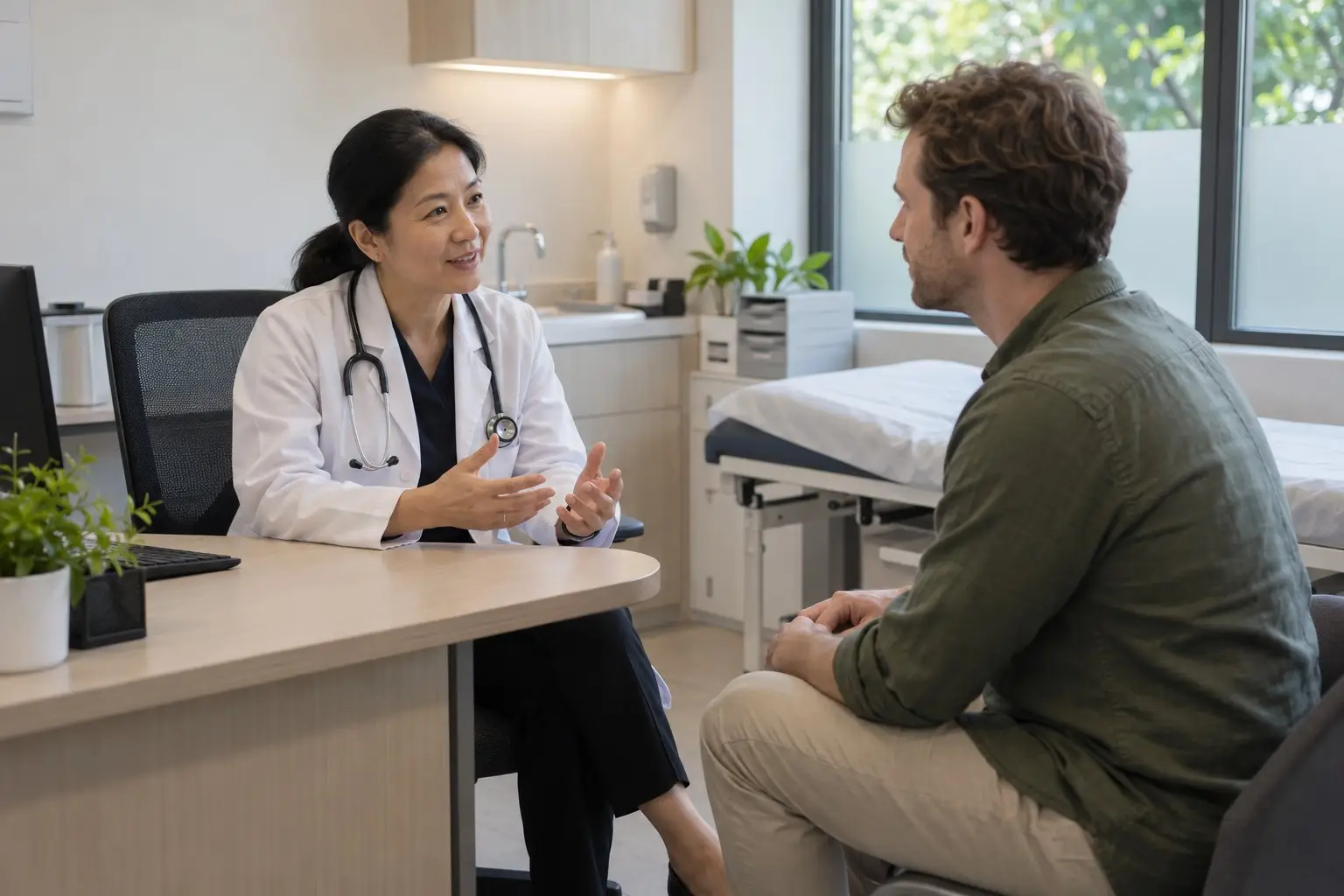 A doctor speaking with a patient in a bright modern Singapore clinic