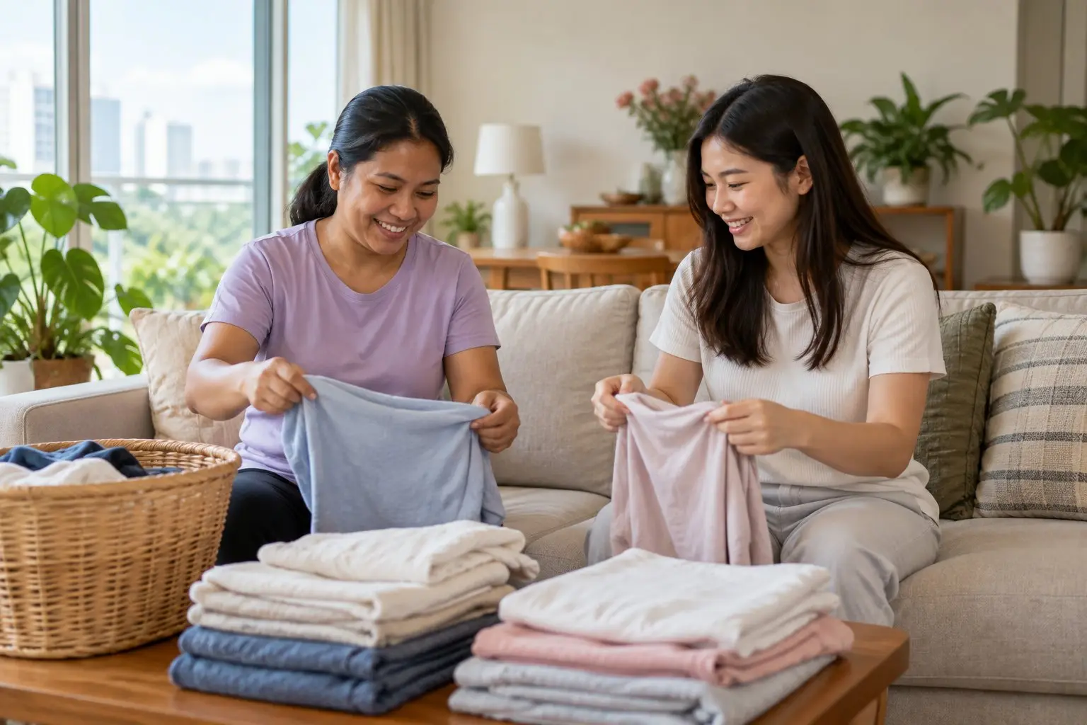 A helper and a family member folding laundry together in an ordinary bright Singapore flat