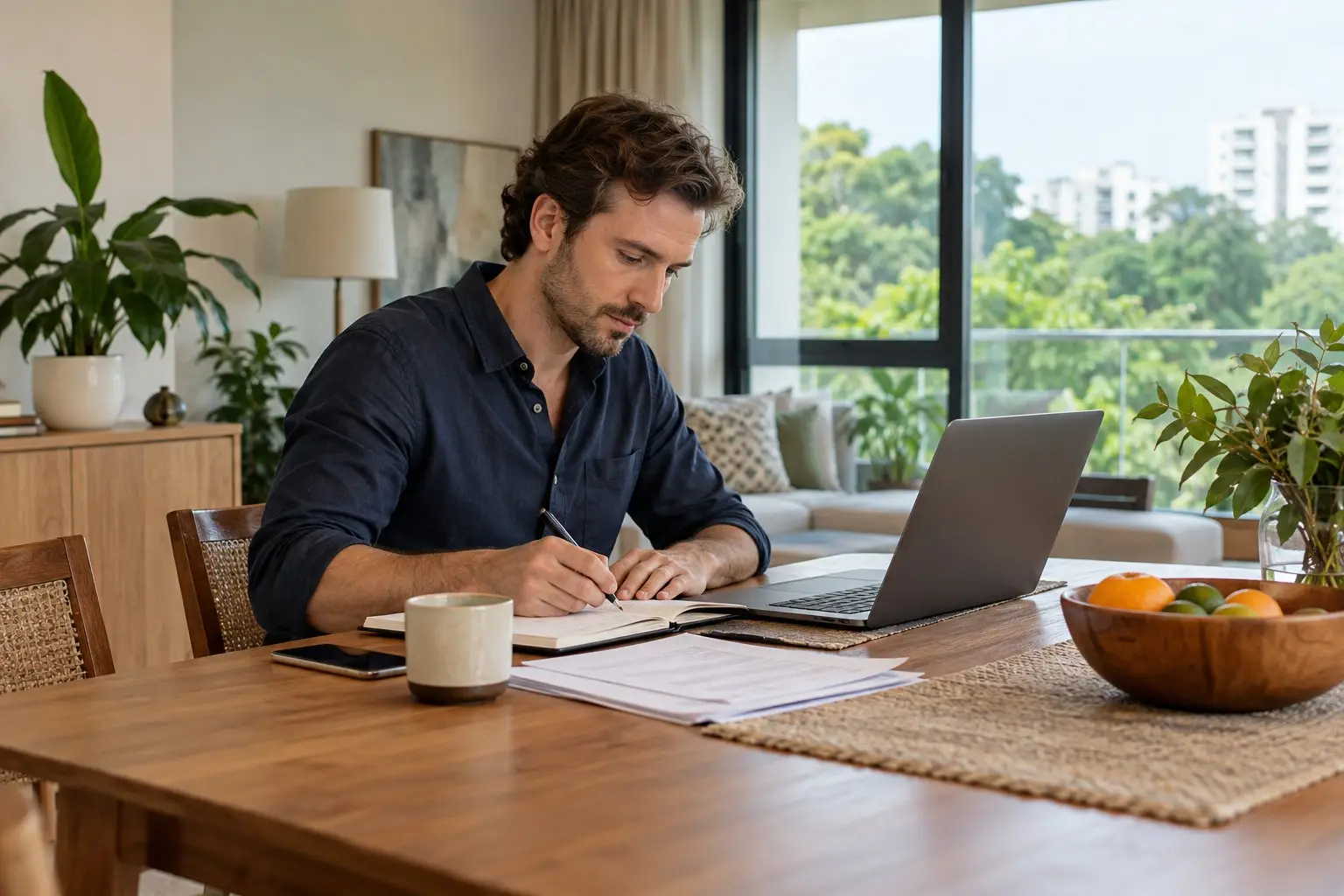 A person working through personal tax admin at a home table with a laptop and notebook