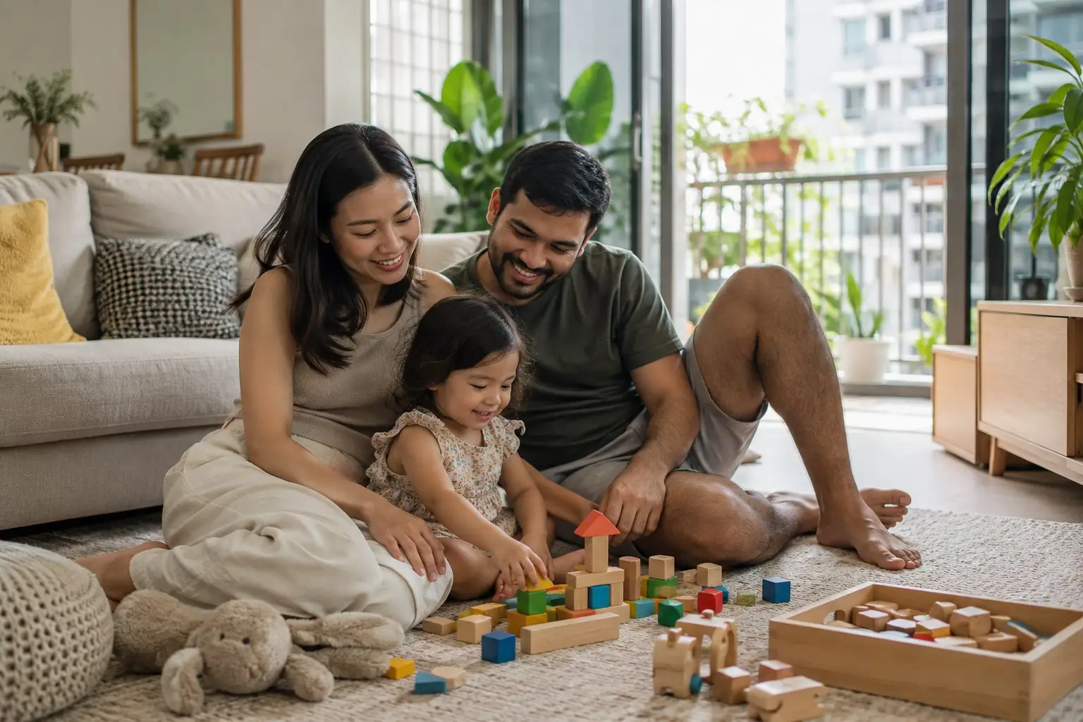 A couple and a child at home in a bright Singapore apartment