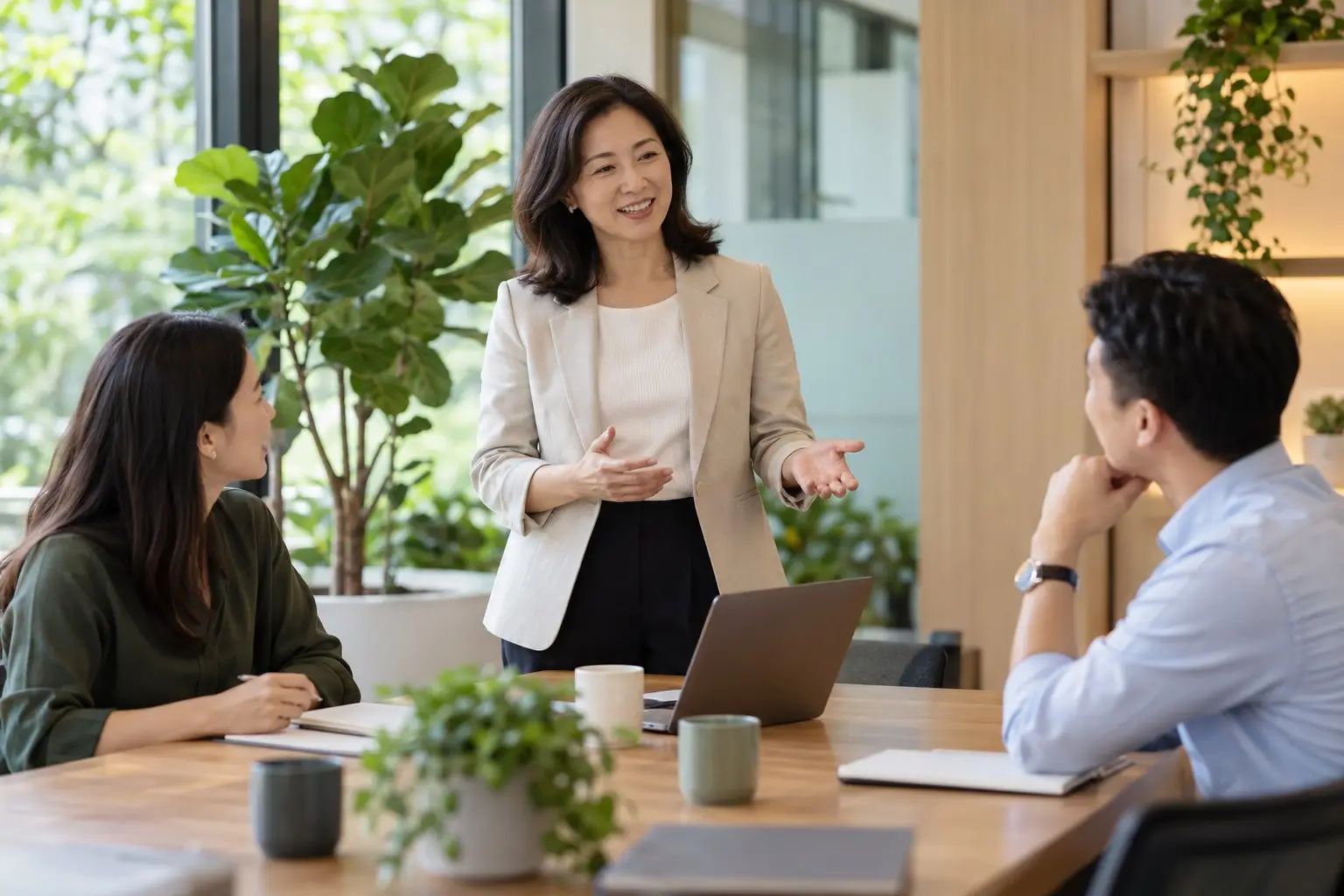 A senior professional leading a small meeting in a bright Singapore office