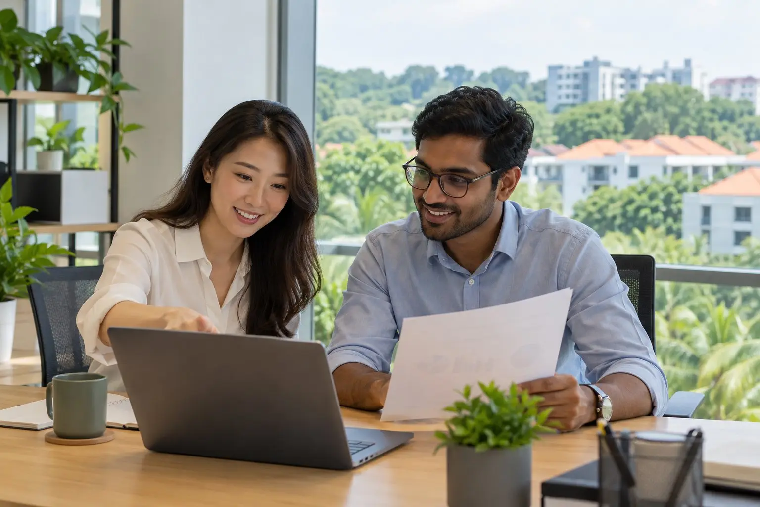 Two professionals comparing notes at a desk in an ordinary bright Singapore office with greenery outside