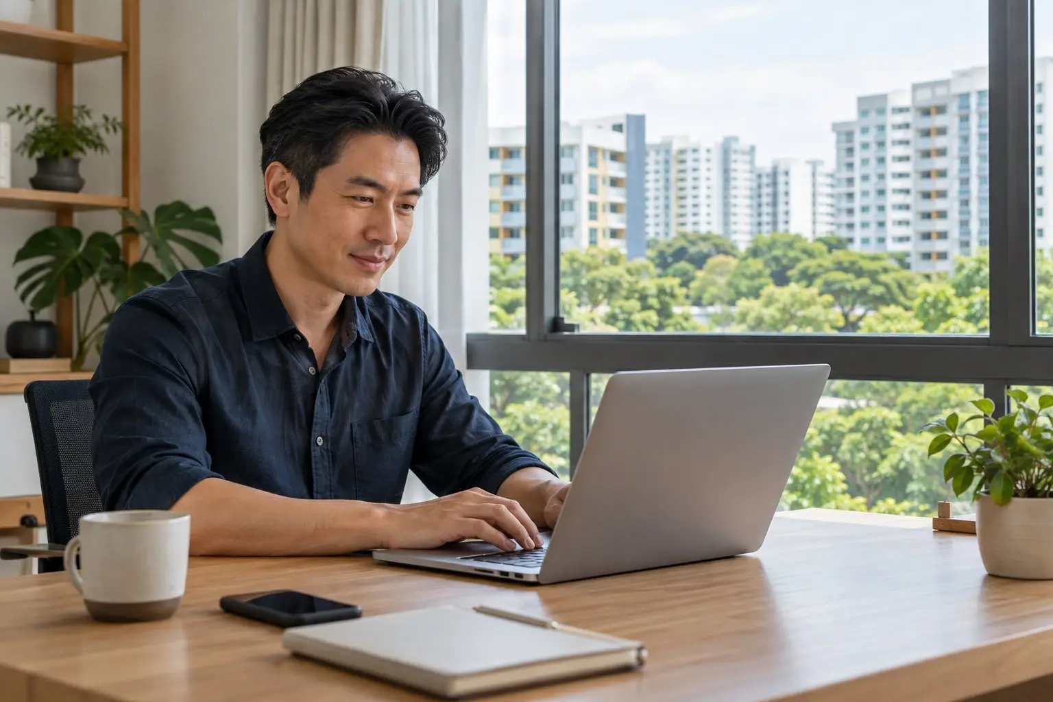 A senior professional working alone with a laptop in a bright room overlooking ordinary residential blocks and greenery