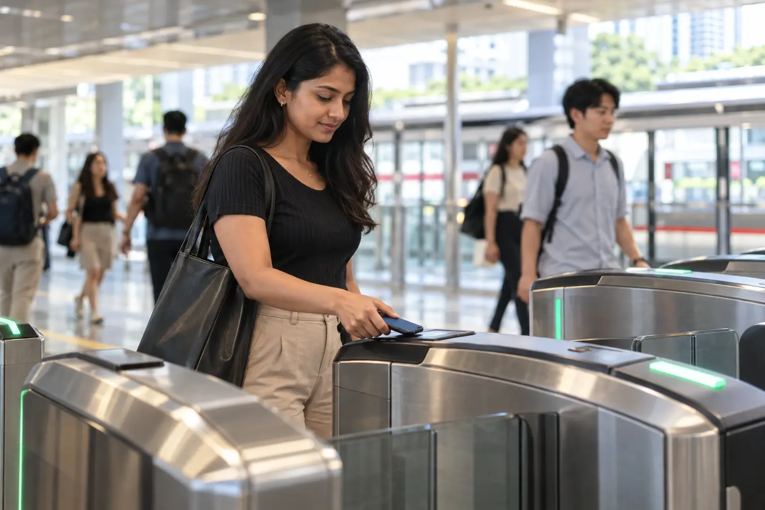 A commuter tapping to enter a bright, modern Singapore MRT station