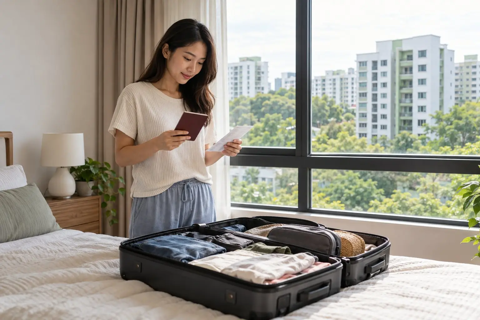 A permanent resident packing a suitcase and checking travel documents at home before a trip