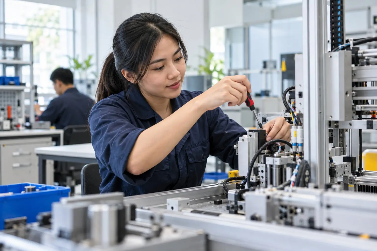 A mid-skilled worker in a bright modern Singapore workplace