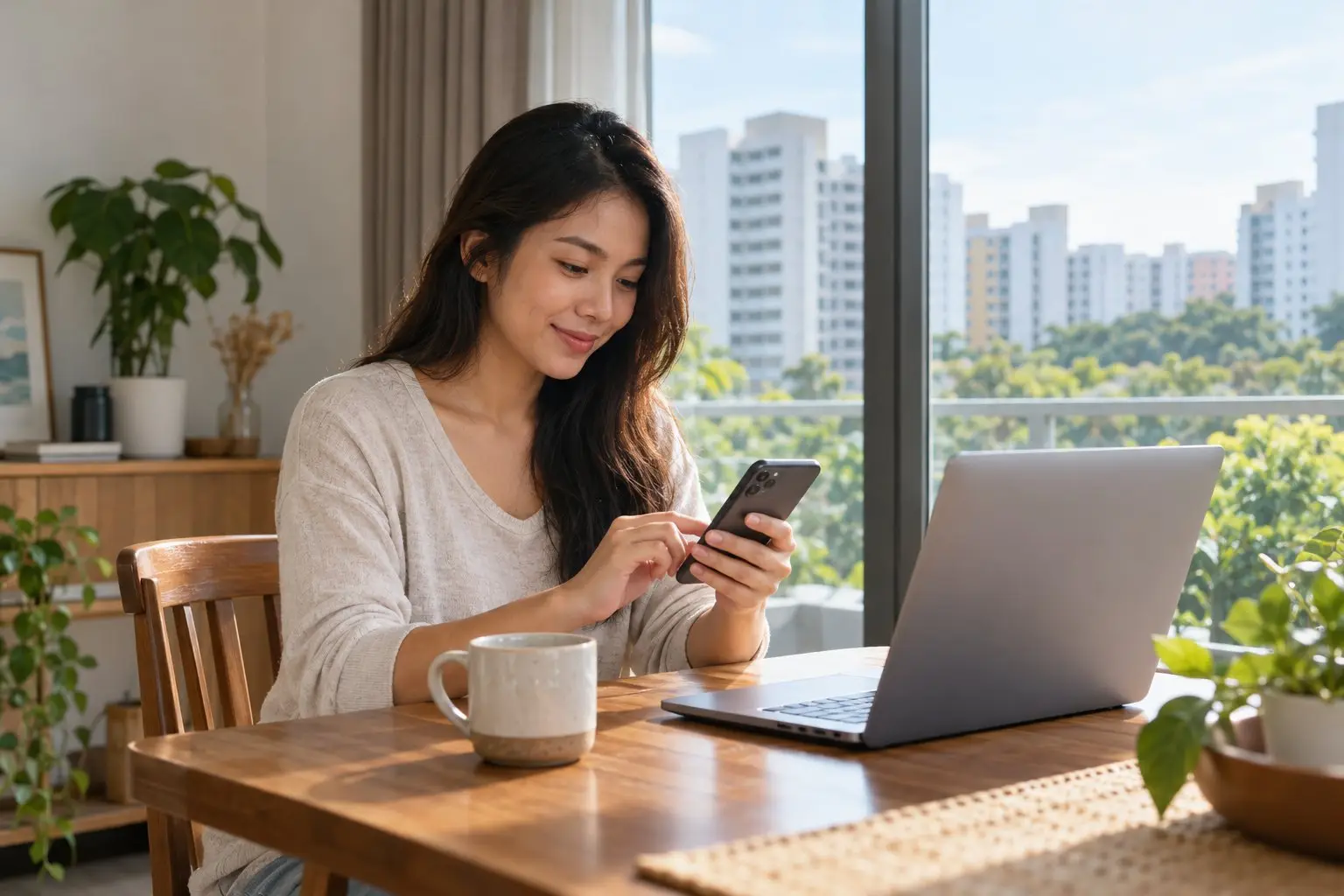 A newcomer setting up a phone app at a home dining table with a laptop and a coffee mug