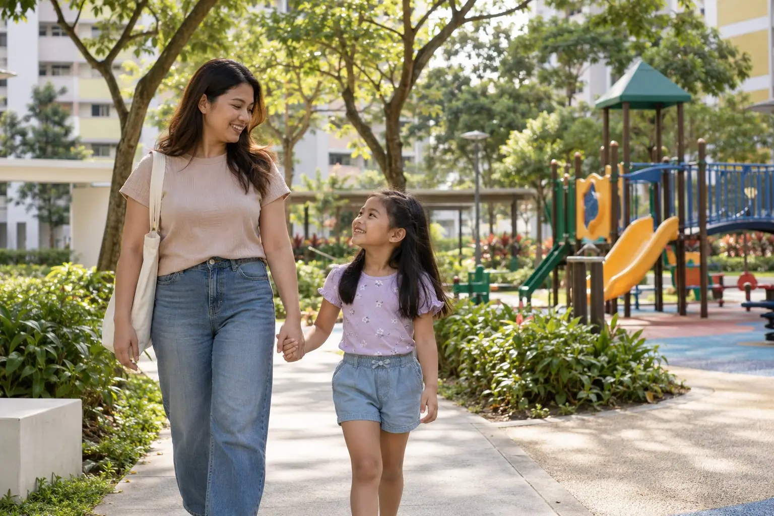 A parent and school-age child walking together near a neighbourhood playground with greenery