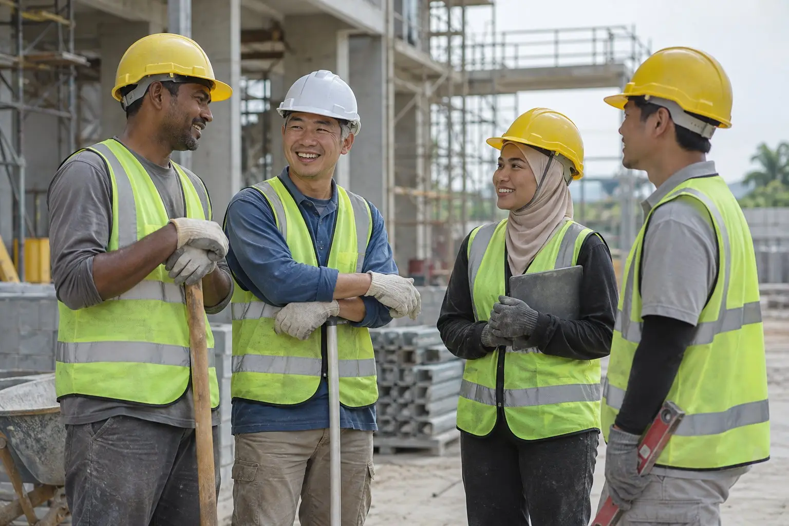Semi-skilled workers in safety gear on an ordinary Singapore worksite
